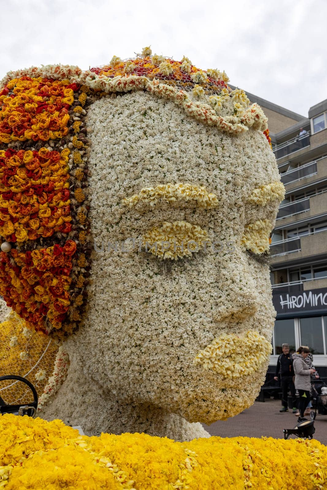 Noordwijk, Netherlands - April 22, 2023: Spectacular flower covered floats in the Bloemencorso Bollenstreek the annual spring flower parade from Noordwijk to Haarlem in the Netherlands.