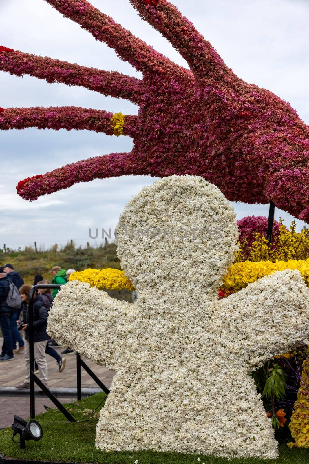 Noordwijk, Netherlands - April 22, 2023: Spectacular flower covered floats in the Bloemencorso Bollenstreek the annual spring flower parade from Noordwijk to Haarlem in the Netherlands.