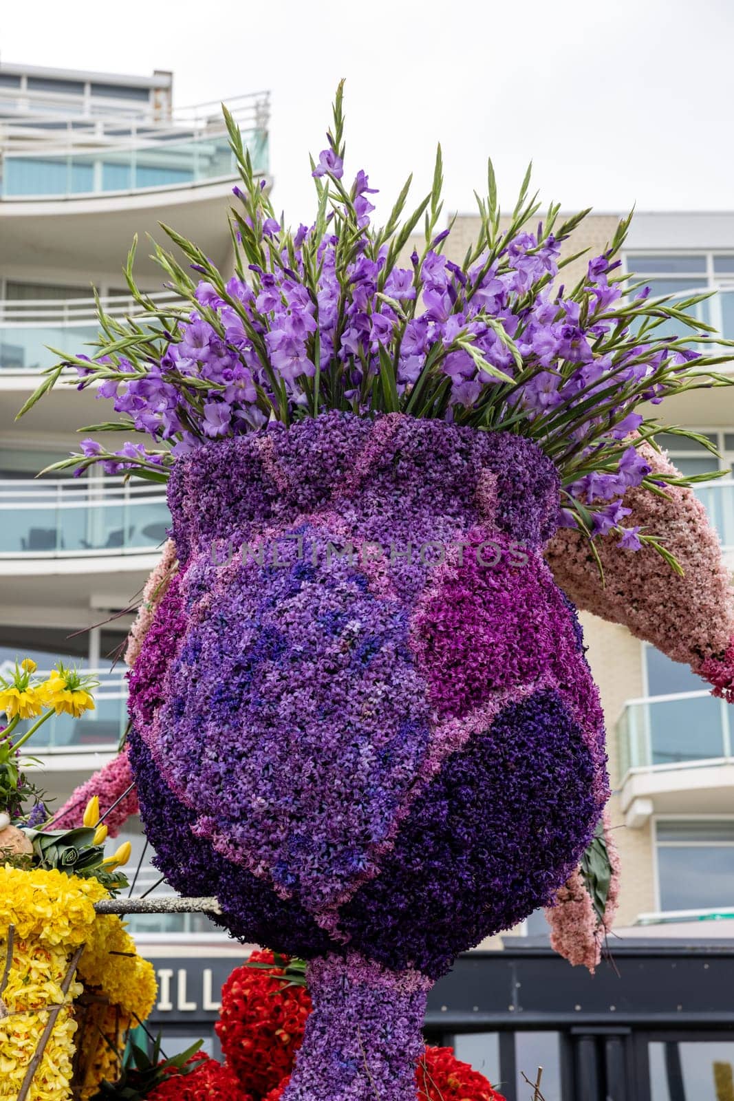 Noordwijk, Netherlands - April 22, 2023: Spectacular flower covered floats in the Bloemencorso Bollenstreek the annual spring flower parade from Noordwijk to Haarlem in the Netherlands.