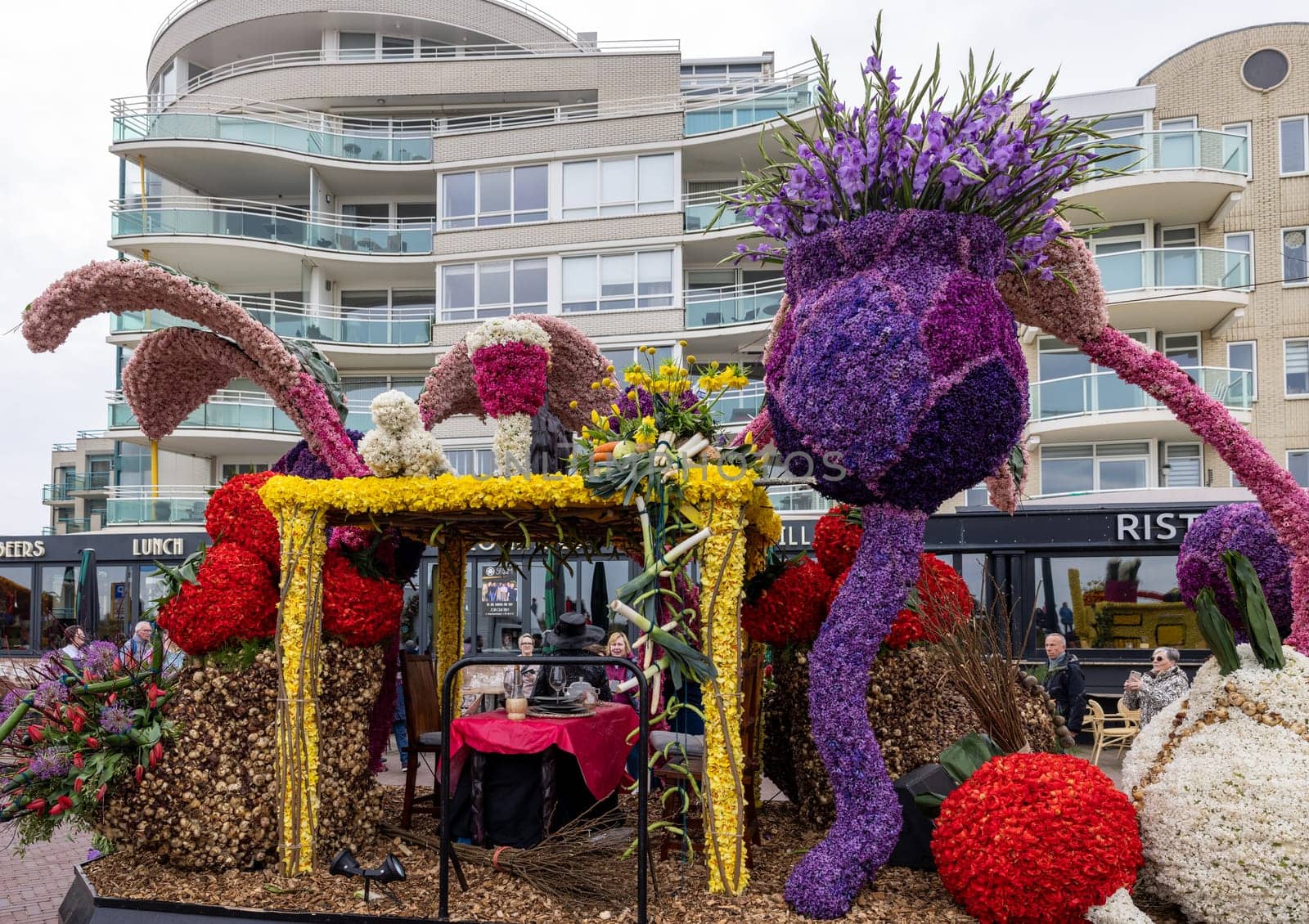 Noordwijk, Netherlands - April 22, 2023: Spectacular flower covered floats in the Bloemencorso Bollenstreek the annual spring flower parade from Noordwijk to Haarlem in the Netherlands.