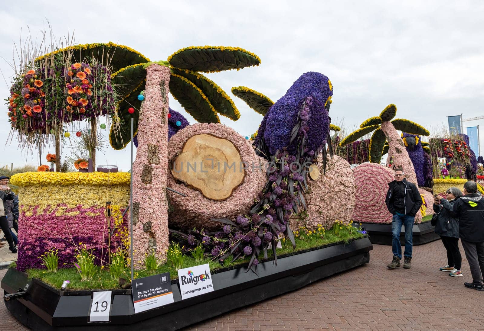 Noordwijk, Netherlands - April 22, 2023: Spectacular flower covered floats in the Bloemencorso Bollenstreek the annual spring flower parade from Noordwijk to Haarlem in the Netherlands.
