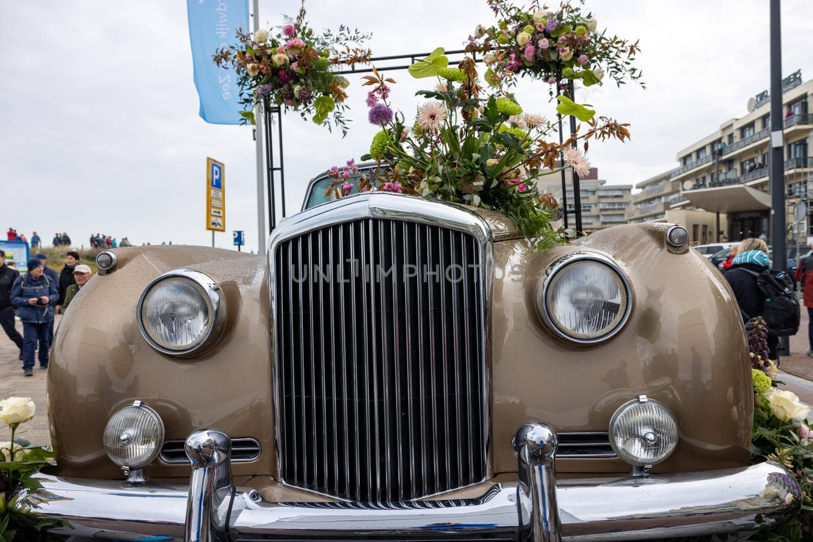 Noordwijk, Netherlands - April 22, 2023: Spectacular flower covered floats in the Bloemencorso Bollenstreek the annual spring flower parade from Noordwijk to Haarlem in the Netherlands.
