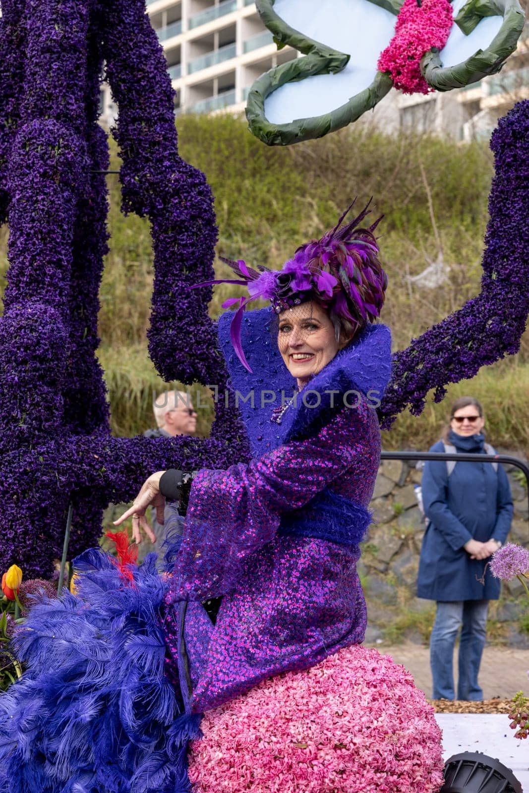 Noordwijk, Netherlands - April 22, 2023: Spectacular flower covered floats in the Bloemencorso Bollenstreek the annual spring flower parade from Noordwijk to Haarlem in the Netherlands.