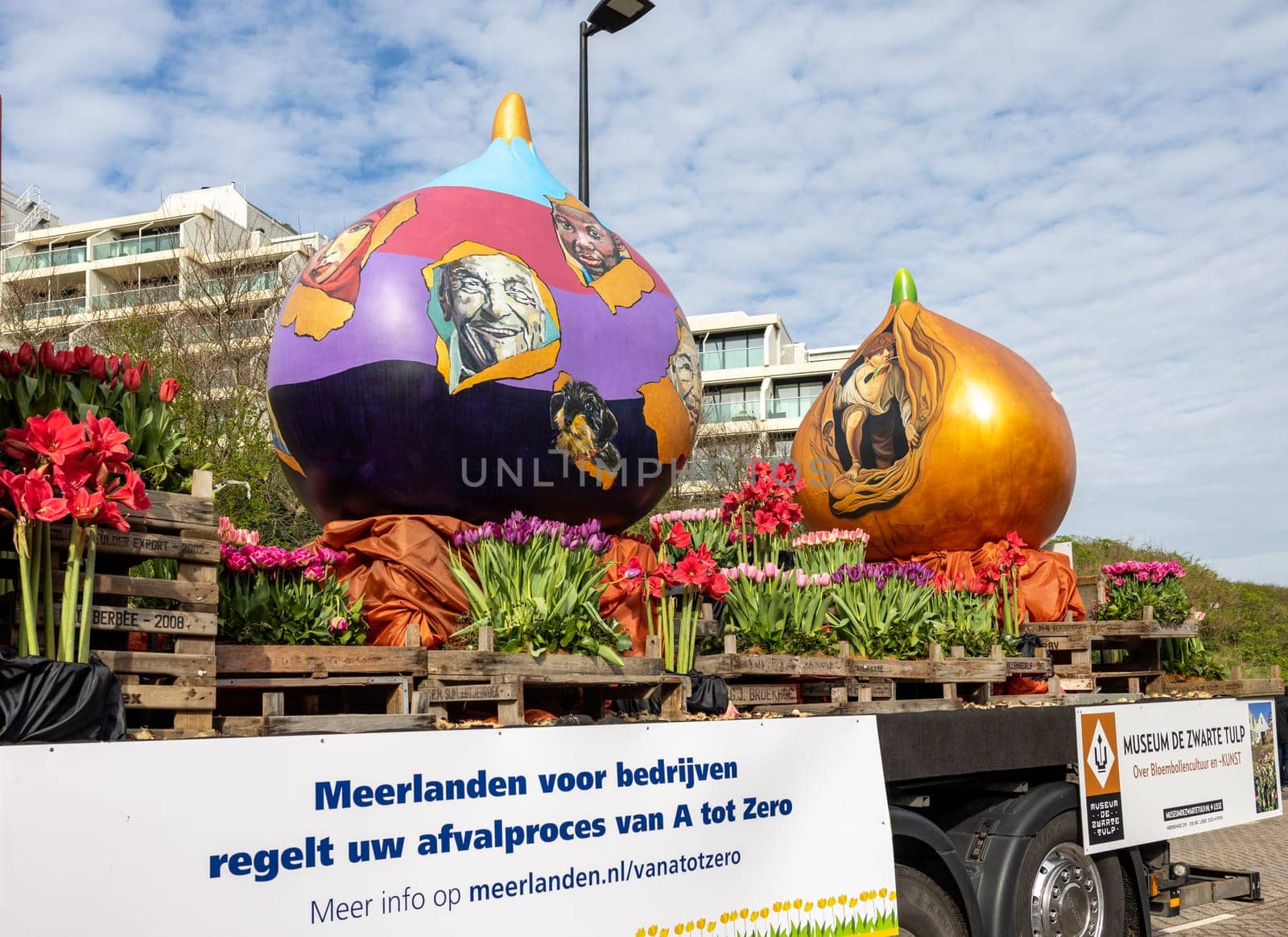 Noordwijk, Netherlands - April 22, 2023: Spectacular flower covered floats in the Bloemencorso Bollenstreek the annual spring flower parade from Noordwijk to Haarlem in the Netherlands.