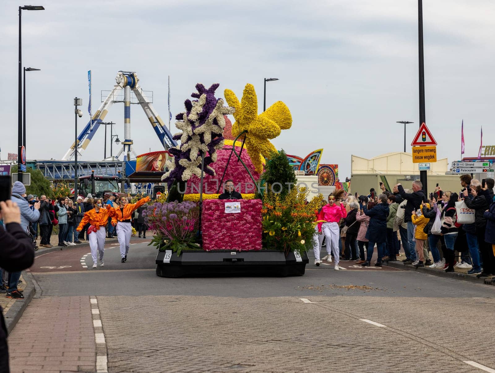 Noordwijk, Netherlands - April 22, 2023: Spectacular flower covered floats in the Bloemencorso Bollenstreek the annual spring flower parade from Noordwijk to Haarlem in the Netherlands.
