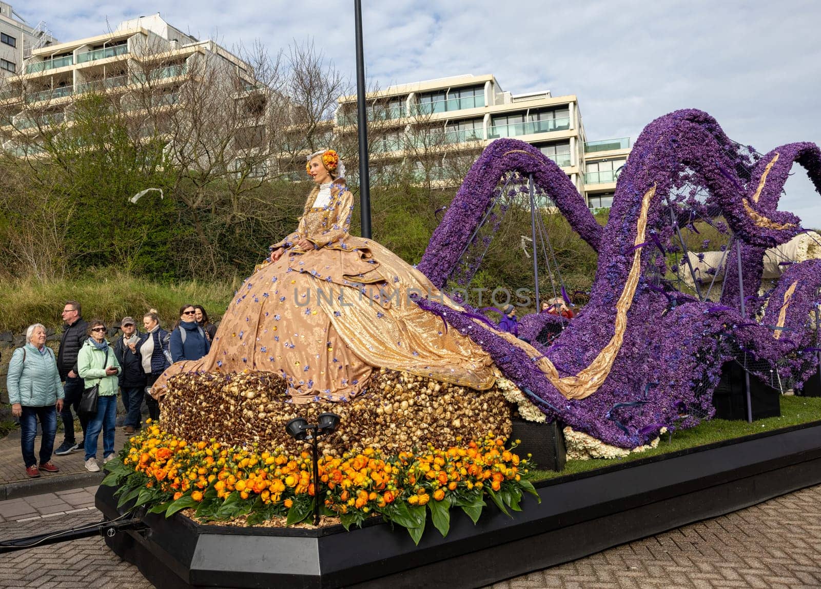 Noordwijk, Netherlands - April 22, 2023: Spectacular flower covered floats in the Bloemencorso Bollenstreek the annual spring flower parade from Noordwijk to Haarlem in the Netherlands.