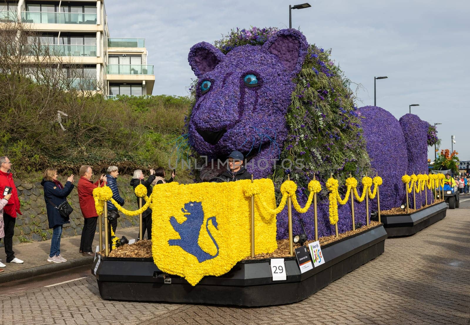 Noordwijk, Netherlands - April 22, 2023: Spectacular flower covered floats in the Bloemencorso Bollenstreek the annual spring flower parade from Noordwijk to Haarlem in the Netherlands.