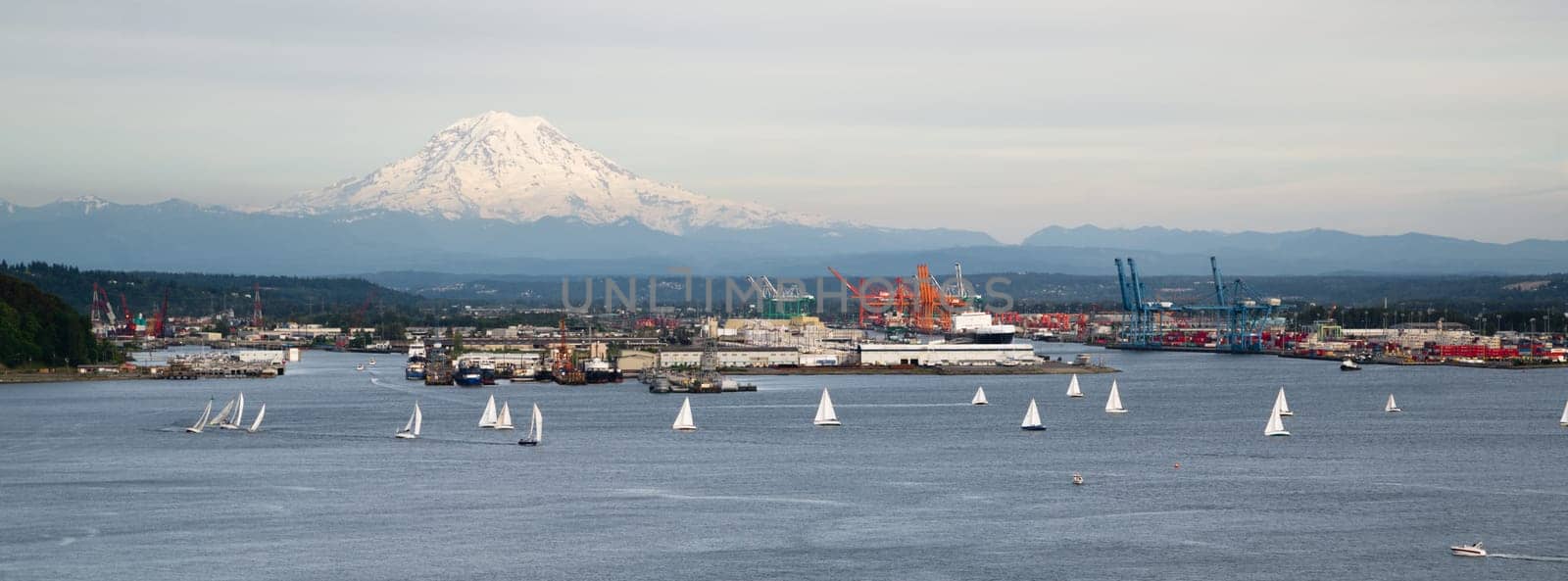 An evening boat race is conducted on the waters of Puget Sound Tacoma Washington