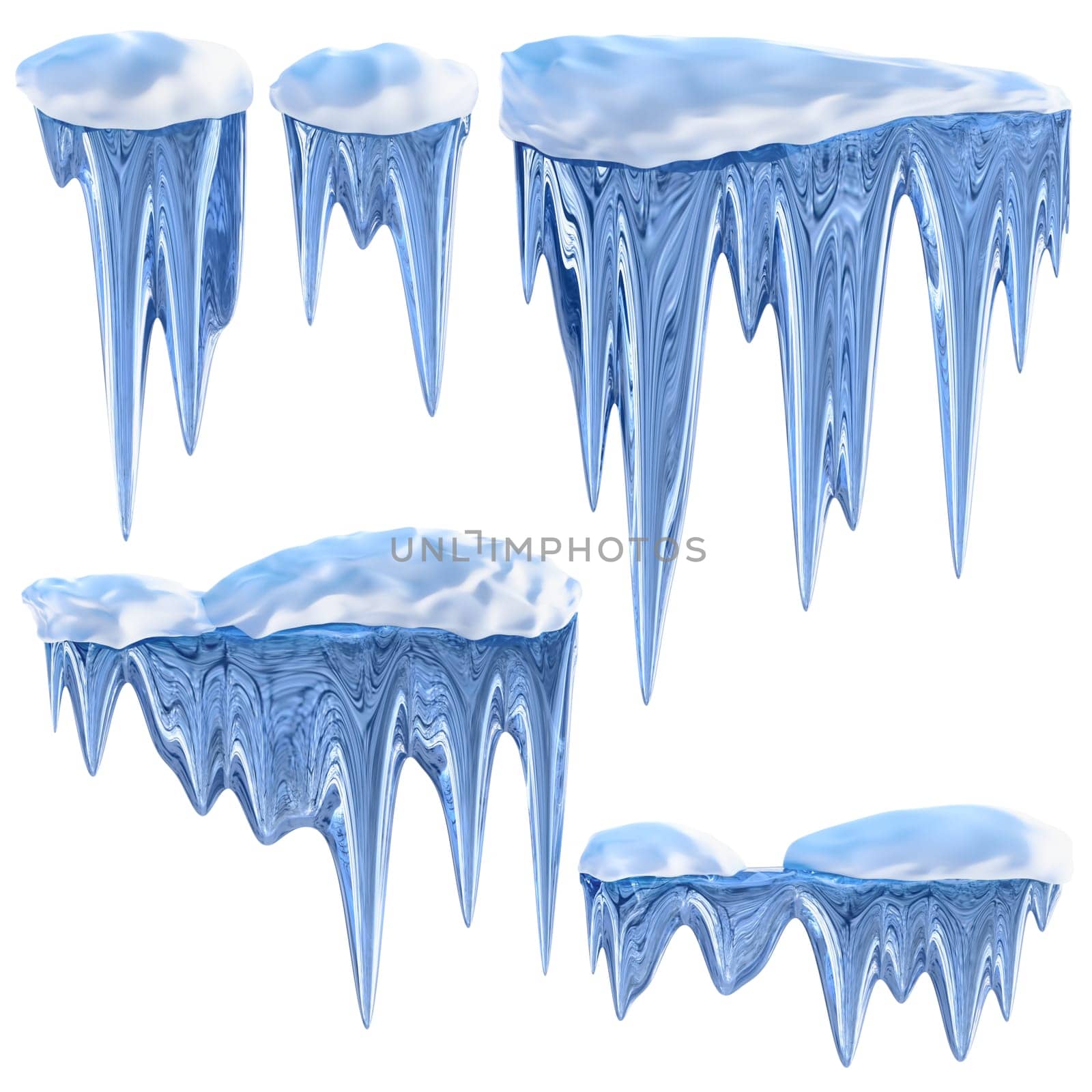 set of hanging thawing and melting blue dripping icicles, as a shiny crystal glass, with crisp spikes in icy winter season time from freezer make around arctic frost with icing on the scene