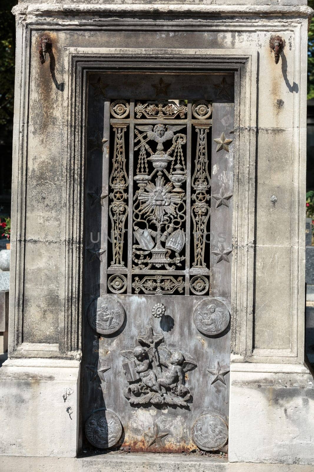 PARIS, FRANCE - SEPT 12, 2014: View of Pere Lachaise. World's most visited cemetery, attracting thousands of visitors to graves of those who have enhanced French life over past 200 years.