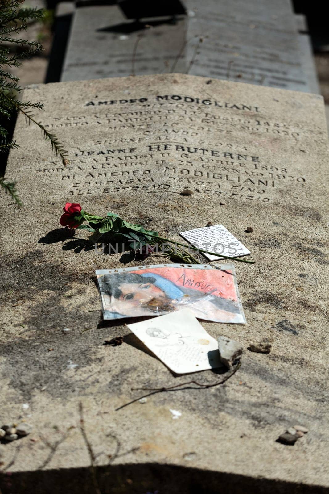 PARIS, FRANCE - SEPT 12, 2014: Amedeo Modigliani and Jeanne Hebuterne grave in Pere-Lachaise cemetery, Paris, France