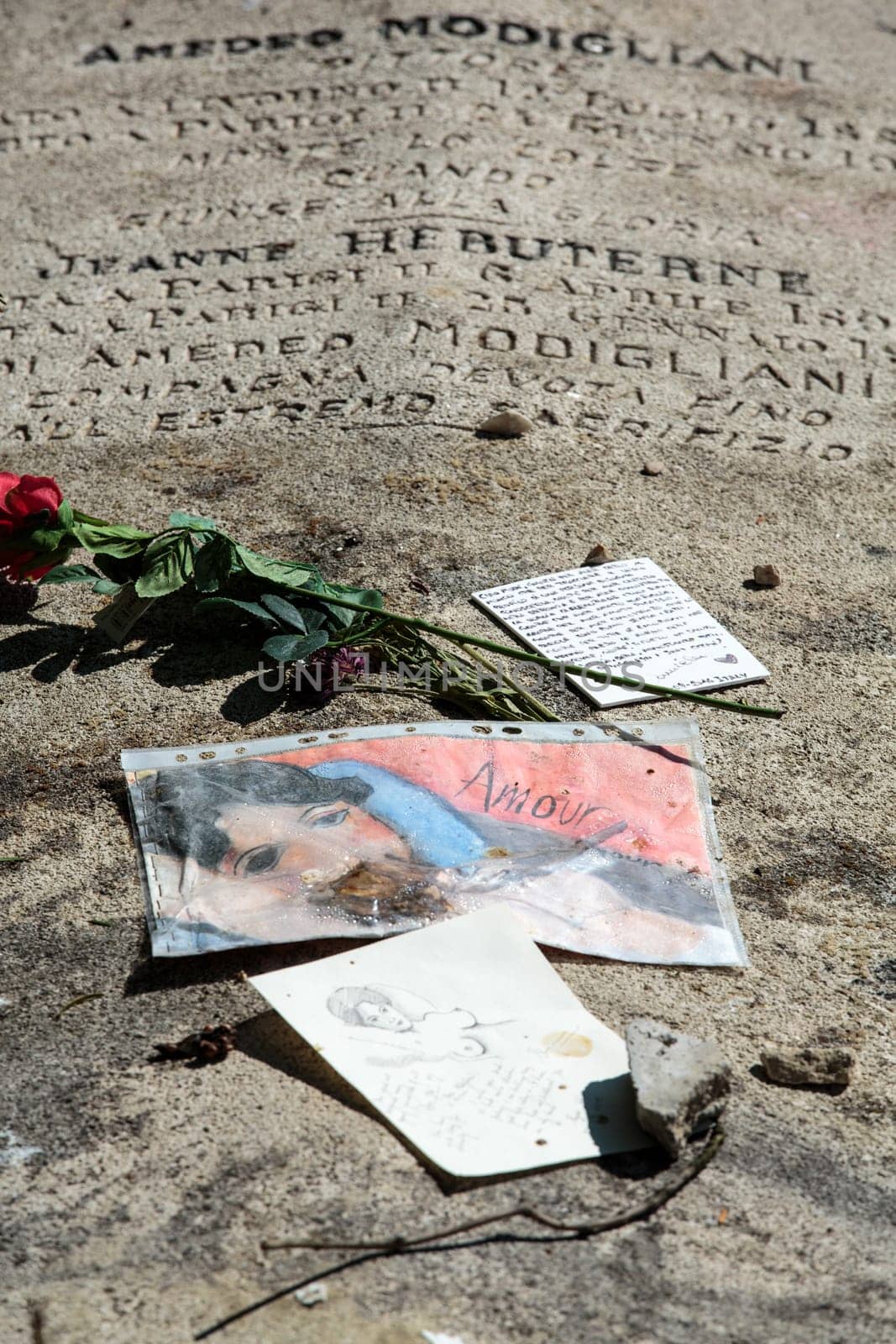 PARIS, FRANCE - SEPT 12, 2014: Amedeo Modigliani and Jeanne Hebuterne grave in Pere-Lachaise cemetery, Paris, France