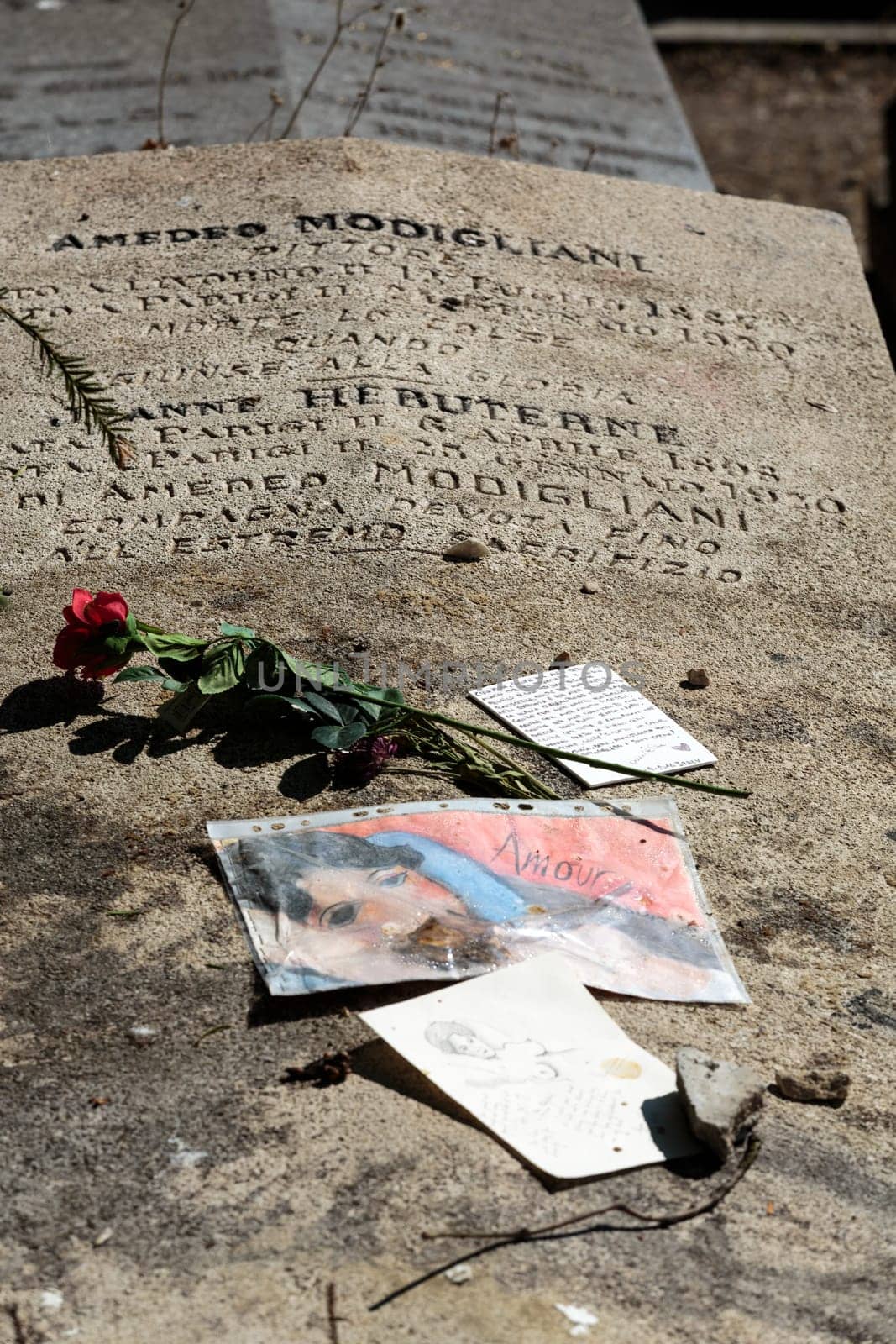 PARIS, FRANCE - SEPT 12, 2014: Amedeo Modigliani and Jeanne Hebuterne grave in Pere-Lachaise cemetery, Paris, France
