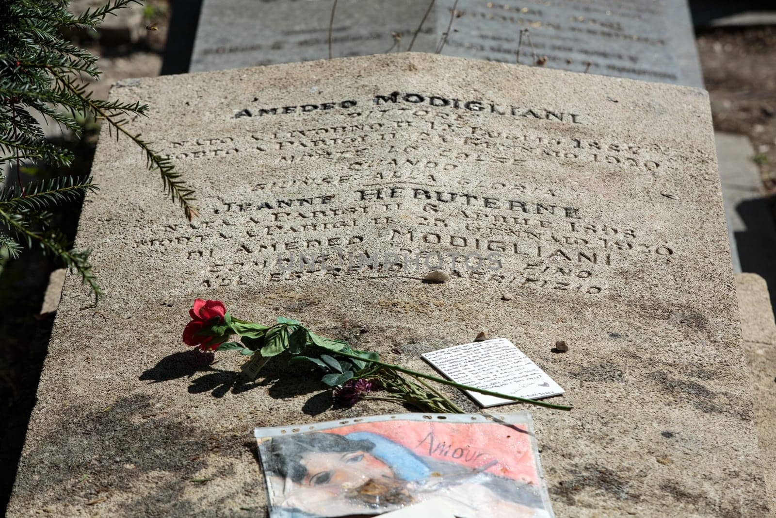 PARIS, FRANCE - SEPT 12, 2014: Amedeo Modigliani and Jeanne Hebuterne grave in Pere-Lachaise cemetery, Paris, France