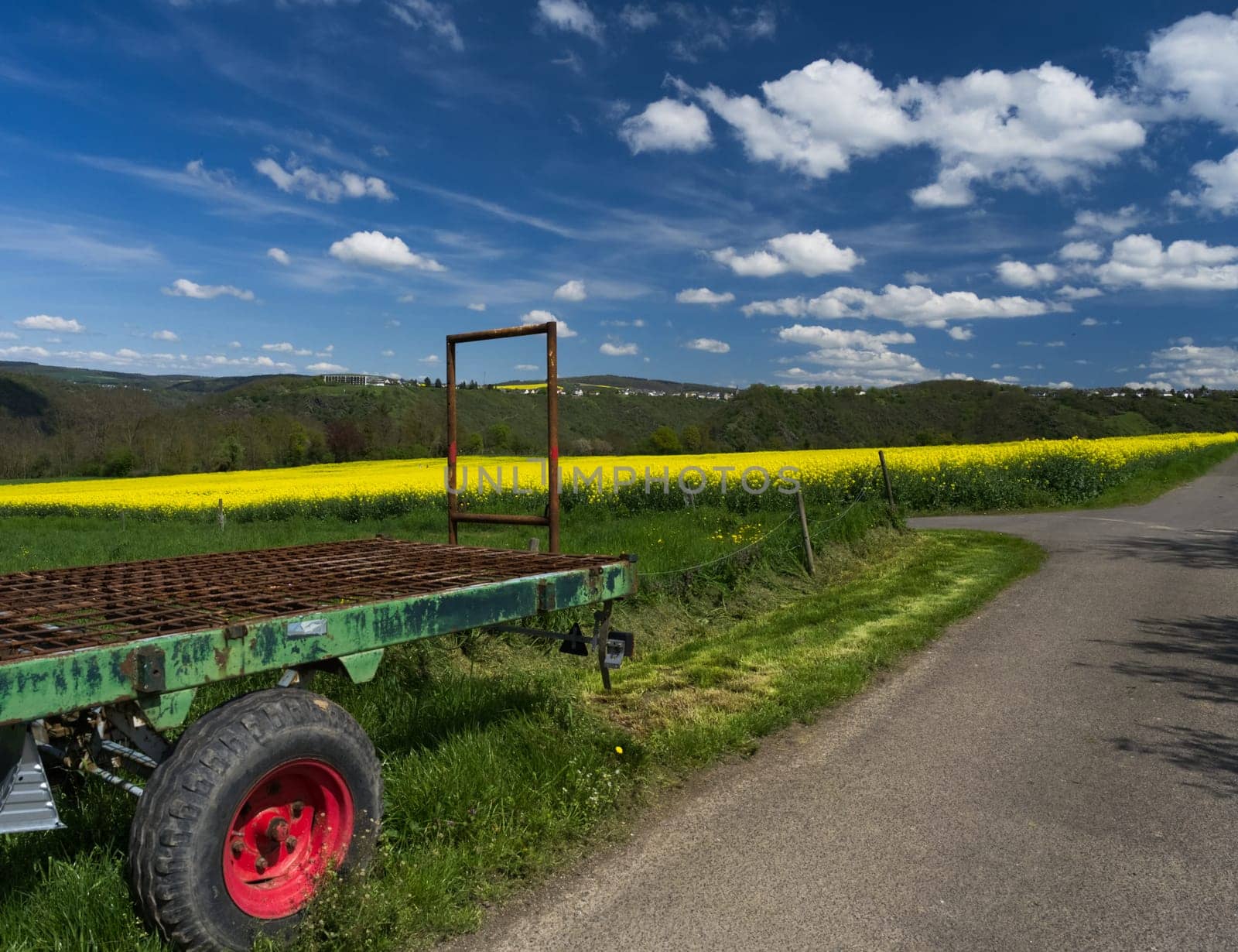 Trailer with red tire next to a rapeseed field /Landscapes Rhine River