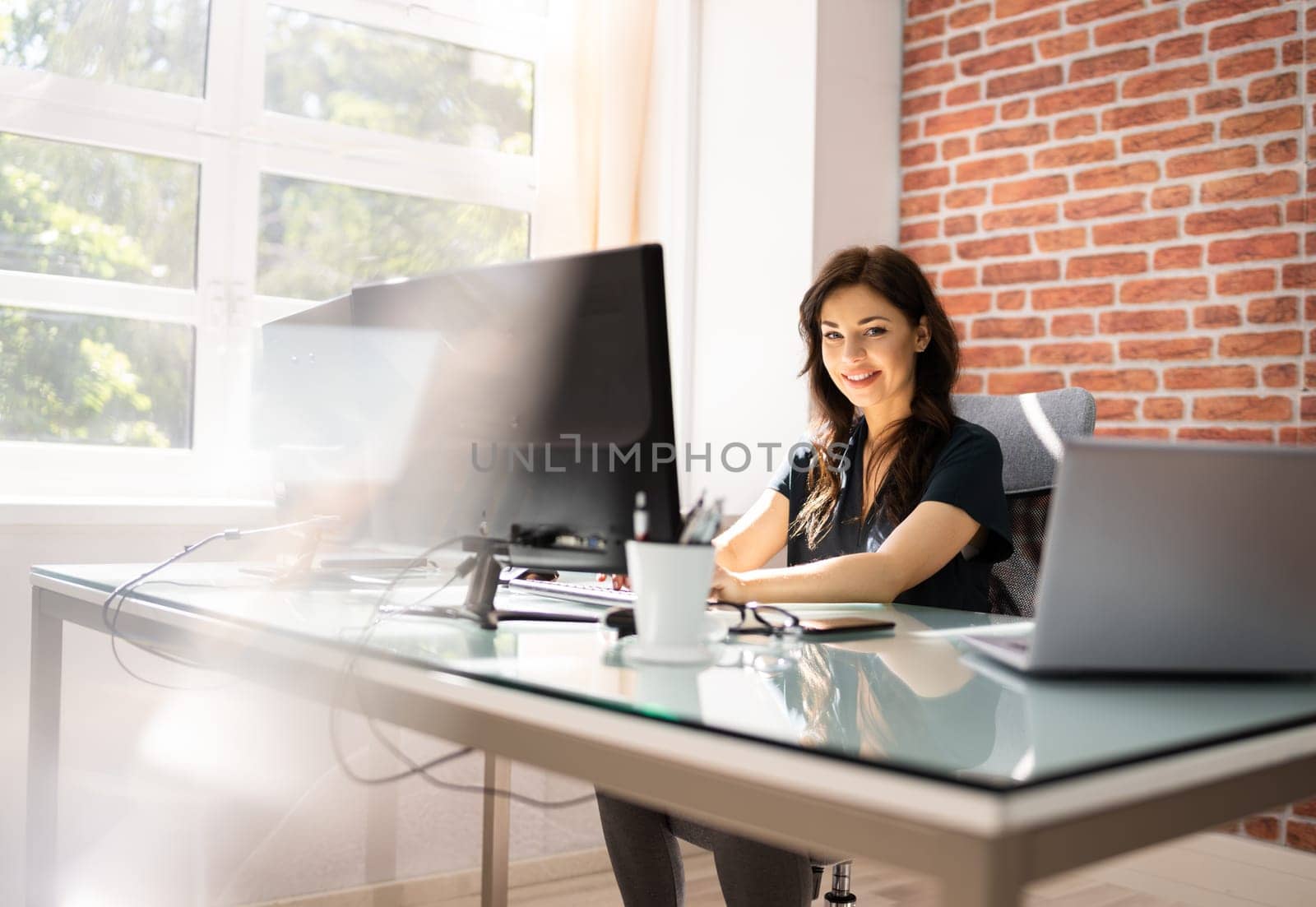 Woman At Workplace. Manager Doing Business Communication In Office