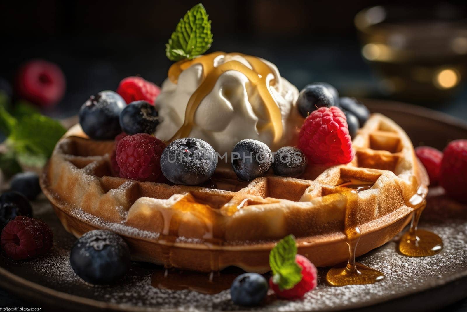 Homemade Belgium Waffles with Mix berries and Ice cream. Generative AI.