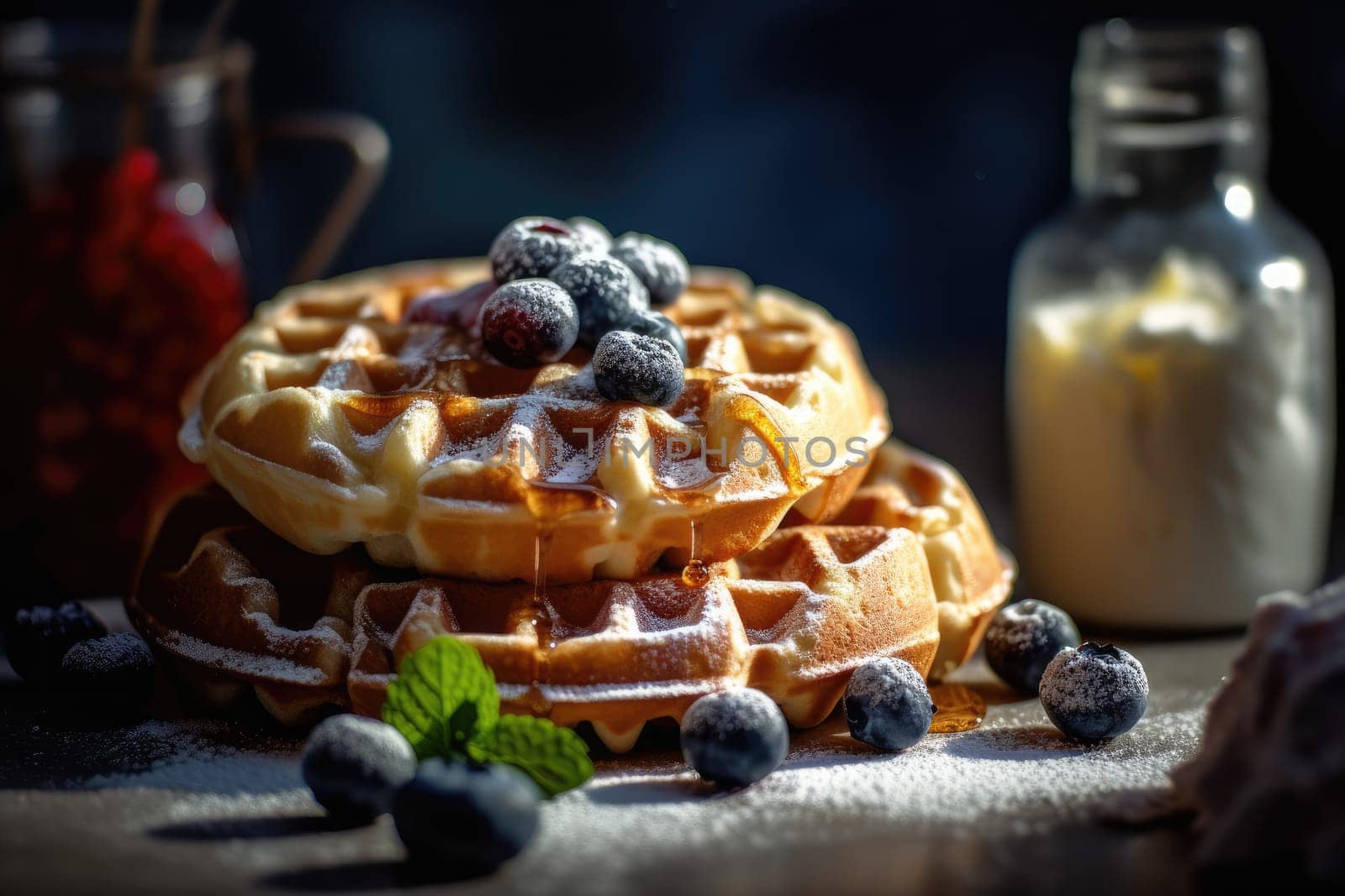 Homemade Belgium Waffles with Blueberries and ice cream. Generative AI.