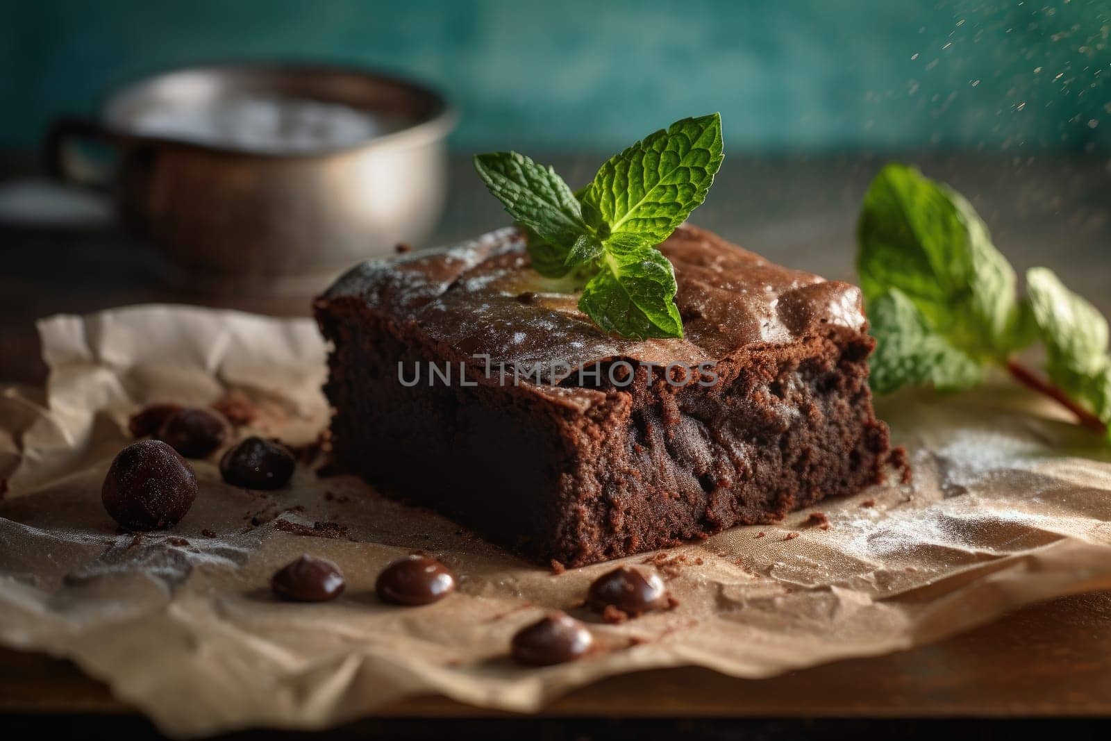 homemade chocolate brownies with dark background. Generative AI.