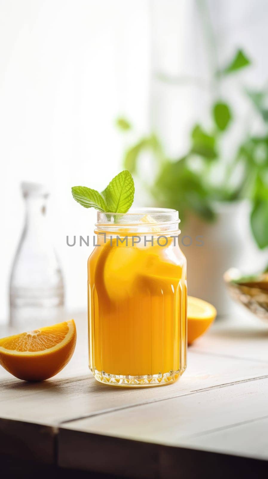 Glass of homemade orange juice on the table. Generative AI.