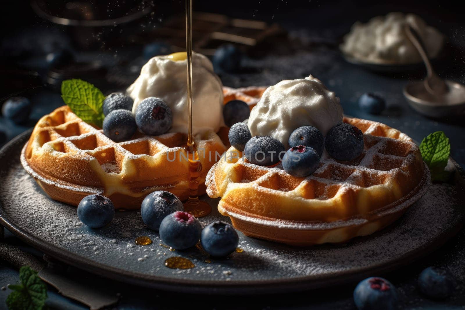 Homemade Belgium Waffles with Blueberries and ice cream. Generative AI.