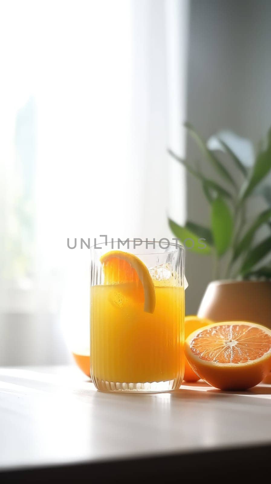 Glass of homemade orange juice on the table. Generative AI.