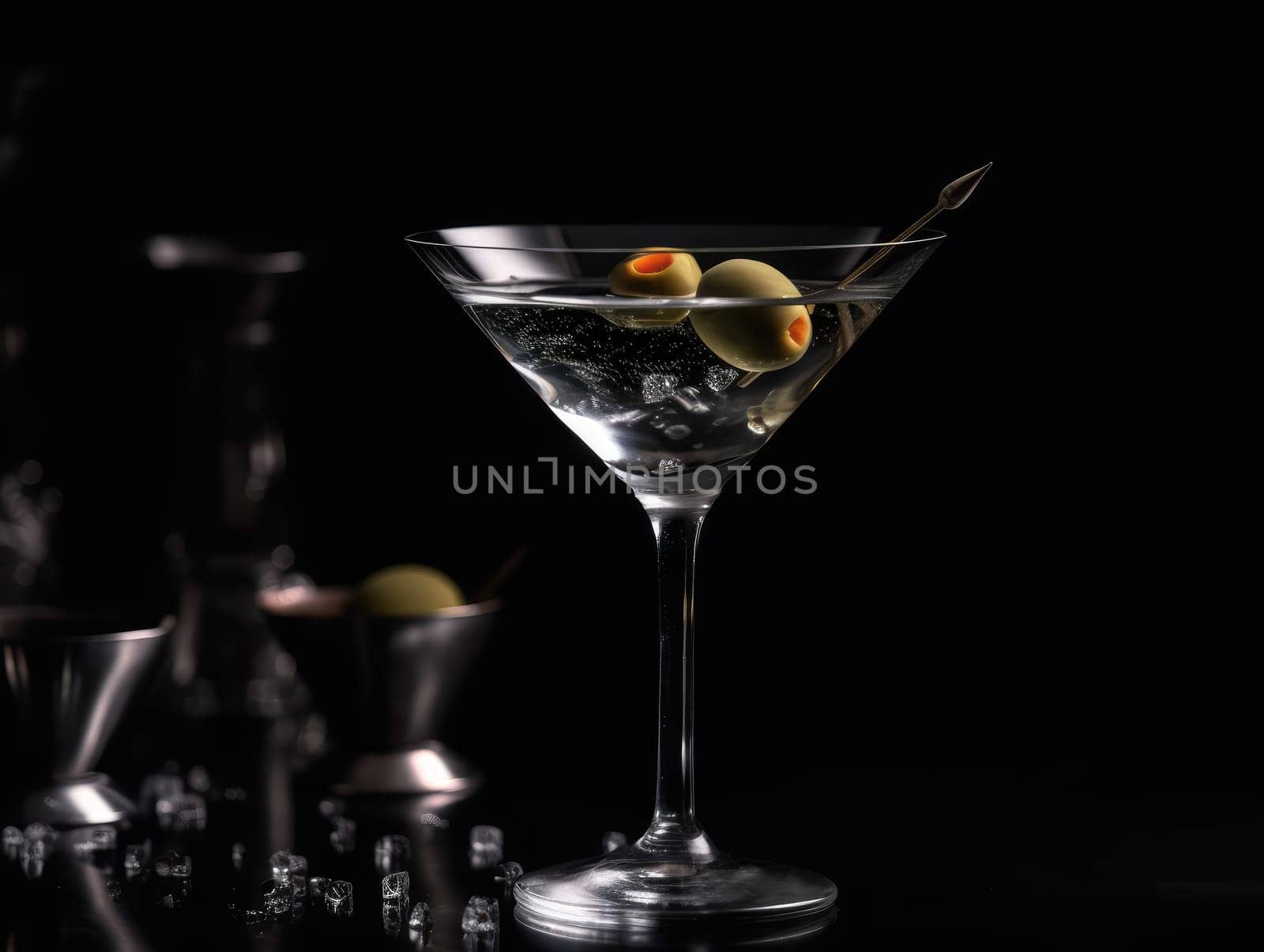 Classic Martini with olives on black background. Generative AI.