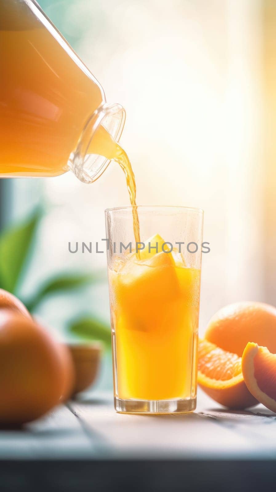 Glass of homemade orange juice on the table. Generative AI.