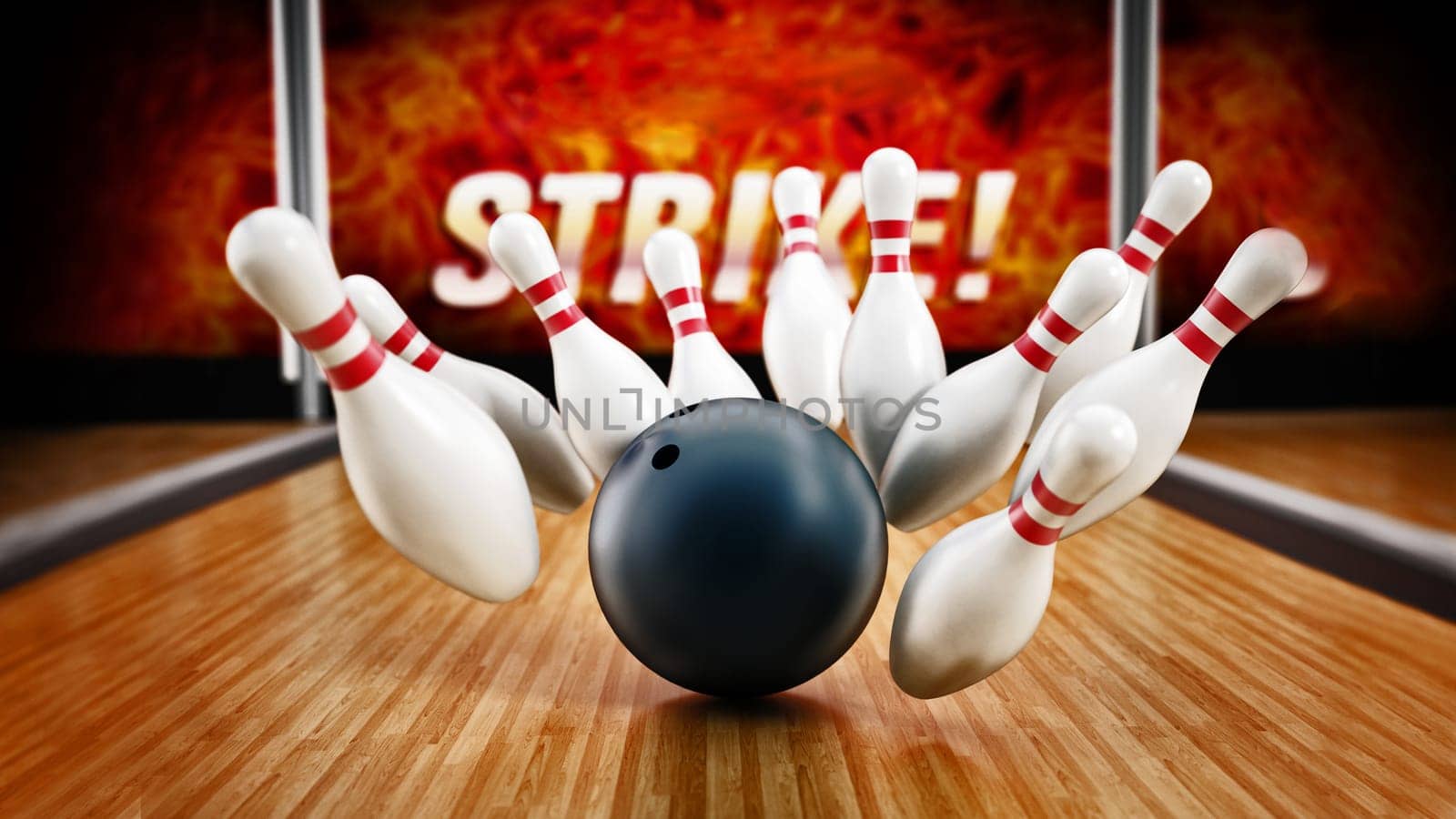 Bowling strike concept with rolling ball and pins. 3D illustration.
