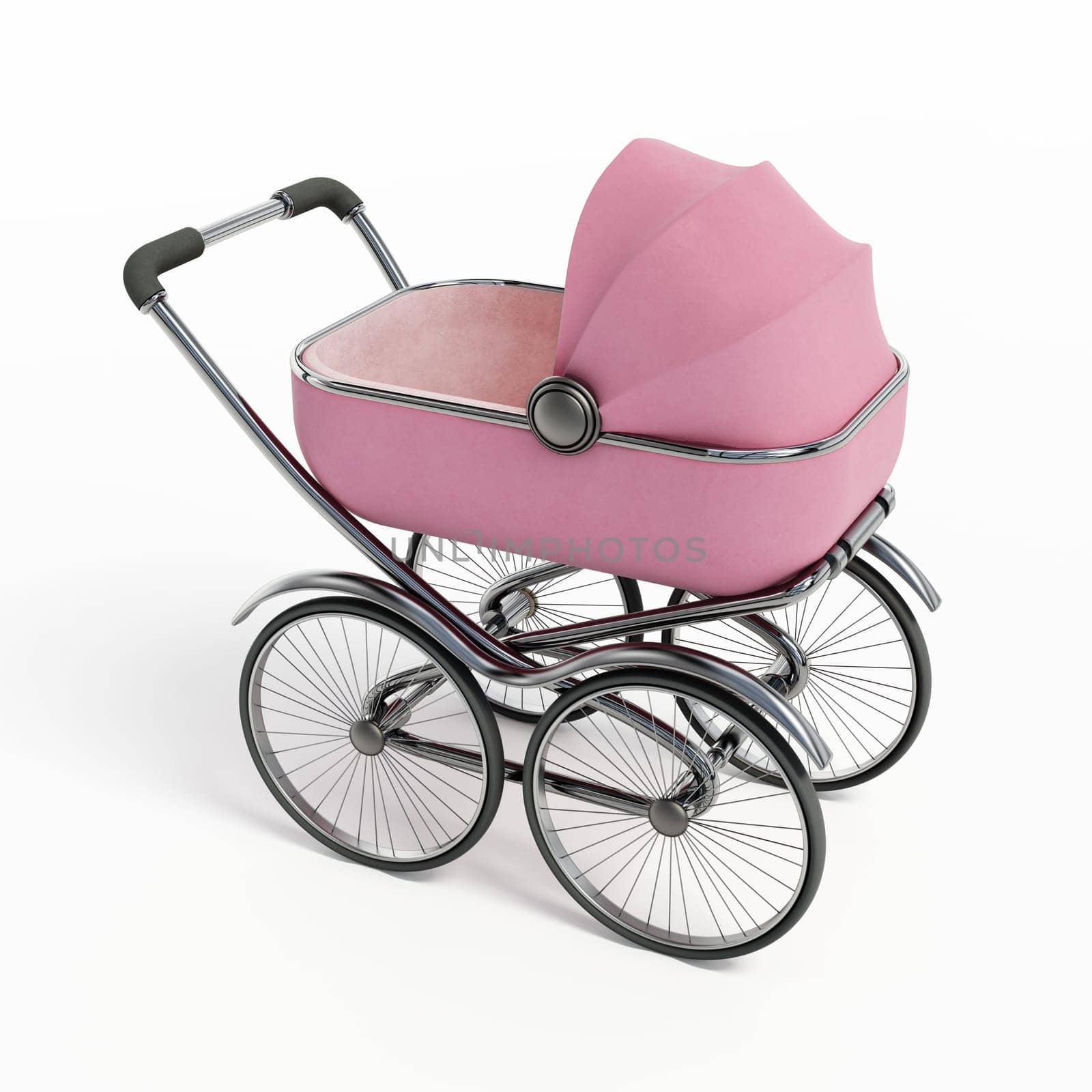 Vintage baby stroller isolated on white background. 3D illustration.