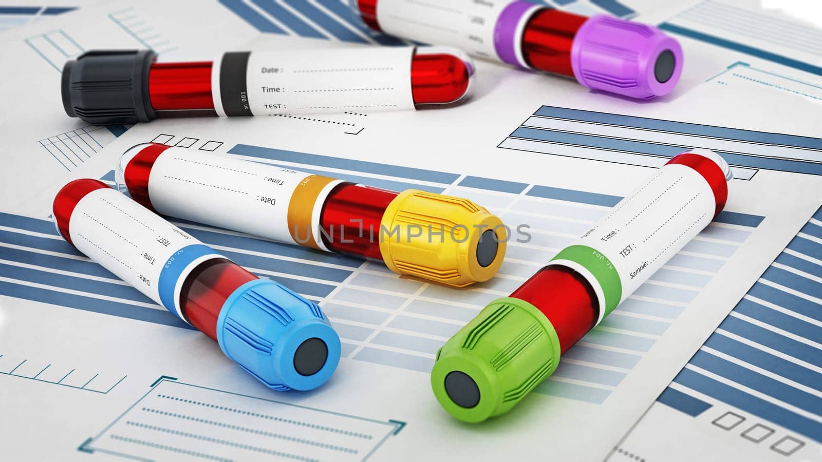 Blood vials with vibrant colored lids standing on medical forms. 3D illustration.