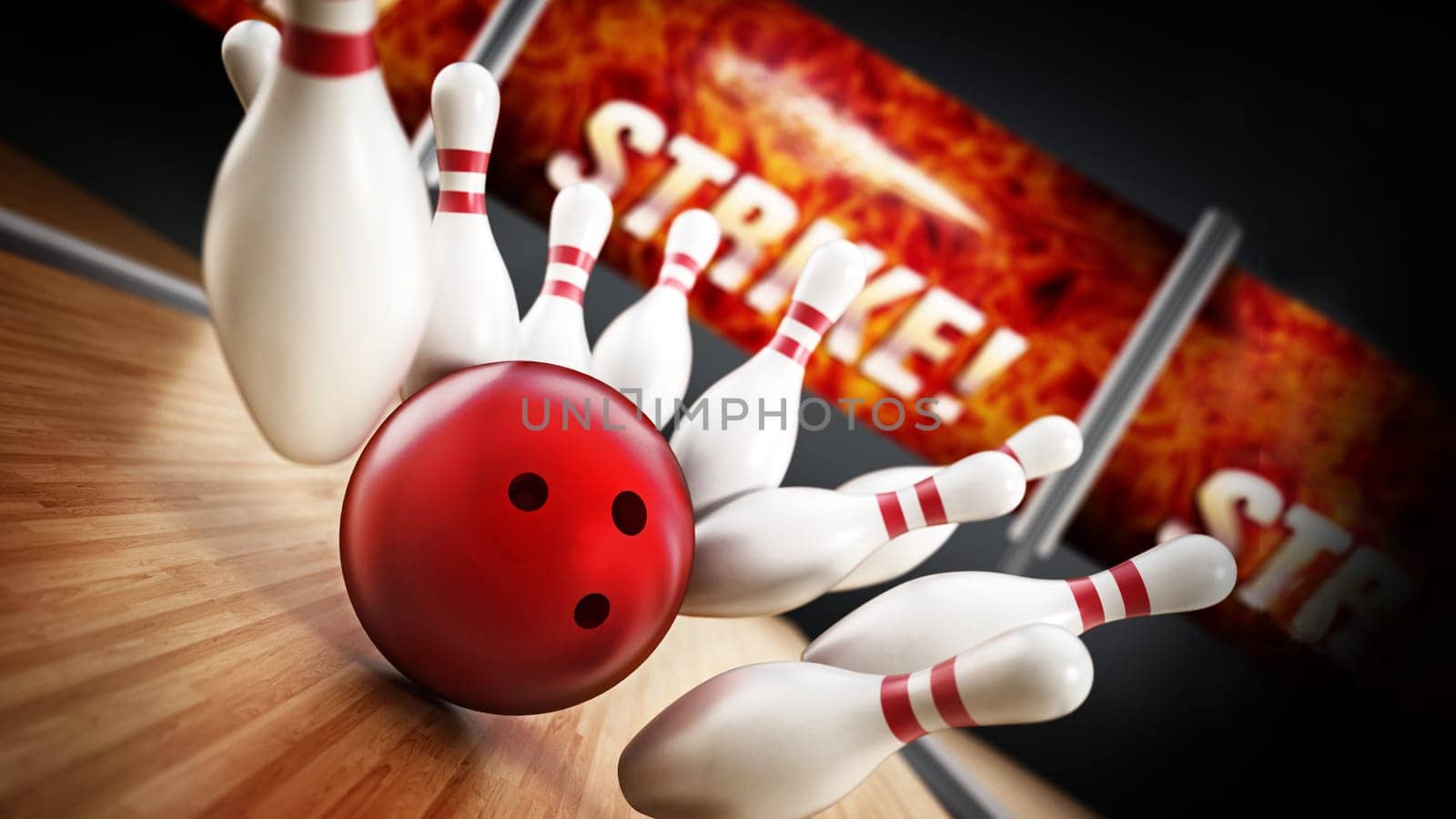 Bowling strike concept with rolling ball and pins. 3D illustration.