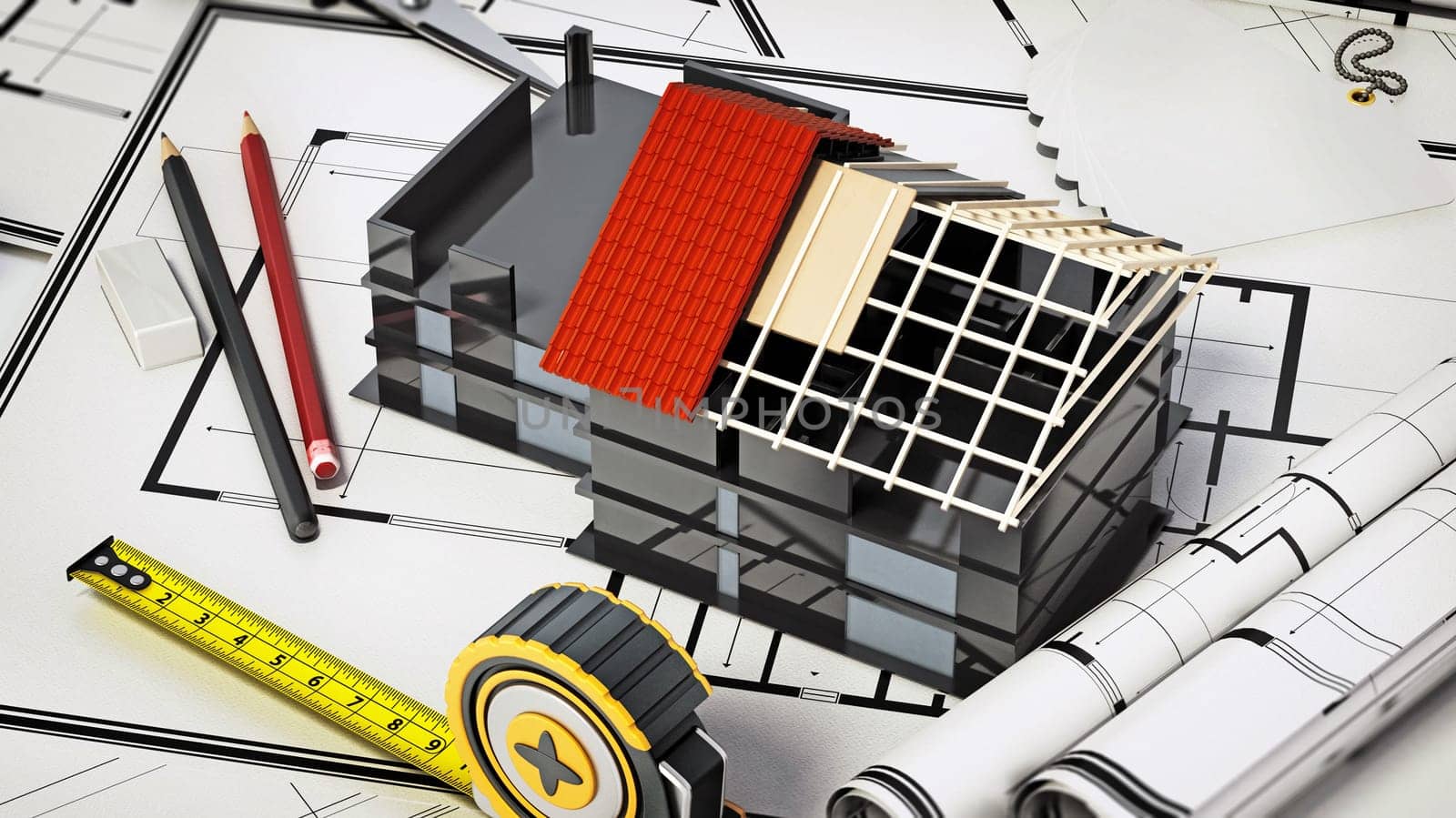 Home decorating tools standing on house bluprints. 3D illustration.