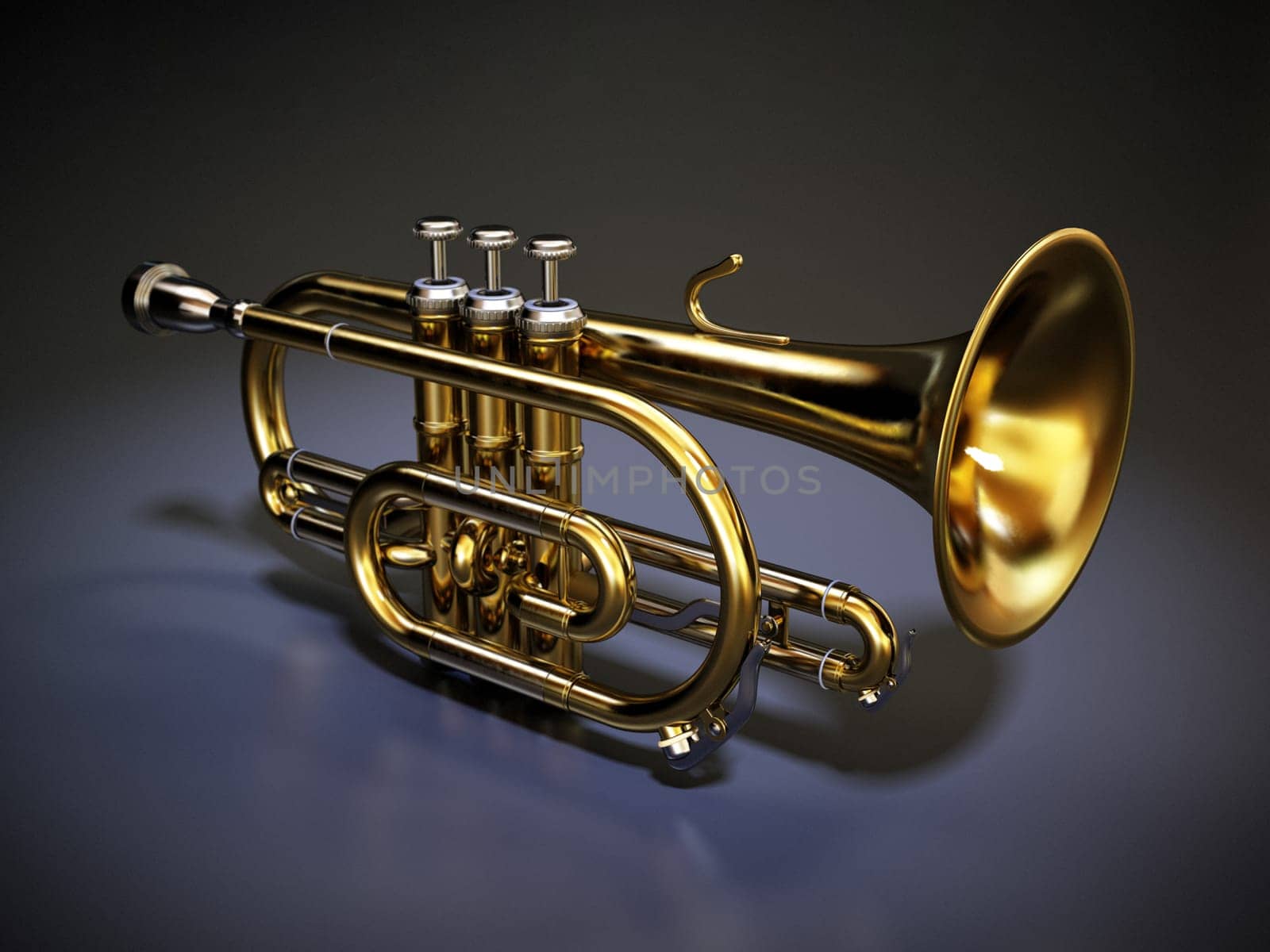 Cornet musical instrument isolated on dark background. 3D illustration.