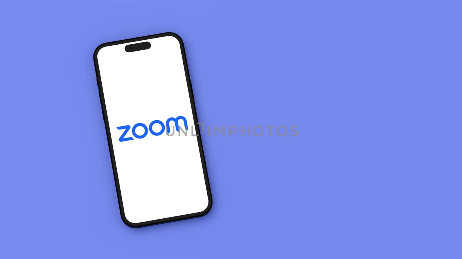 Zoom Logo on Mobile Phone Screen on Flat Blue Background with Copy Space 3D Render Illustration, Top View