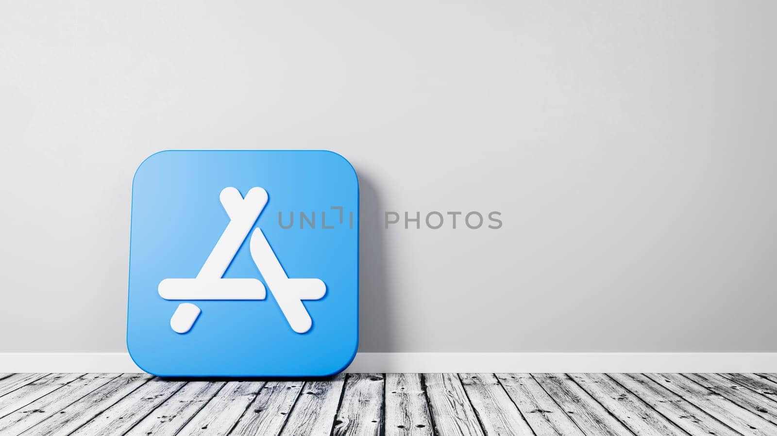 Apple App Store Icon 3D Symbol Shape on Wooden Floor Against Gray Wall with Copy Space 3D Render Illustration
