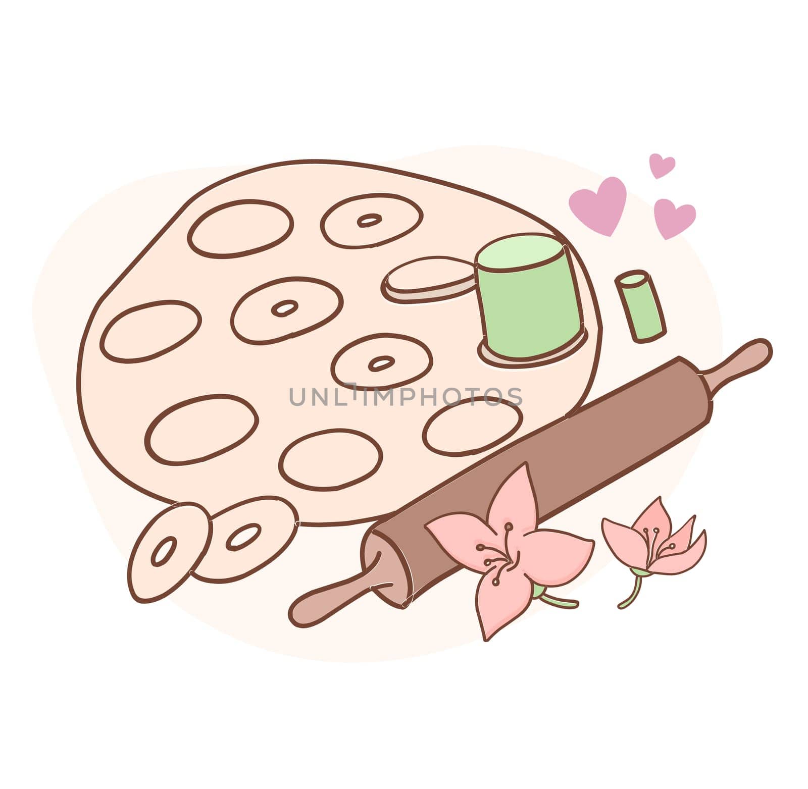 Dough preparation. Rolling pin, baking dish and dough. Decorated with vanilla flowers. Cooking theme