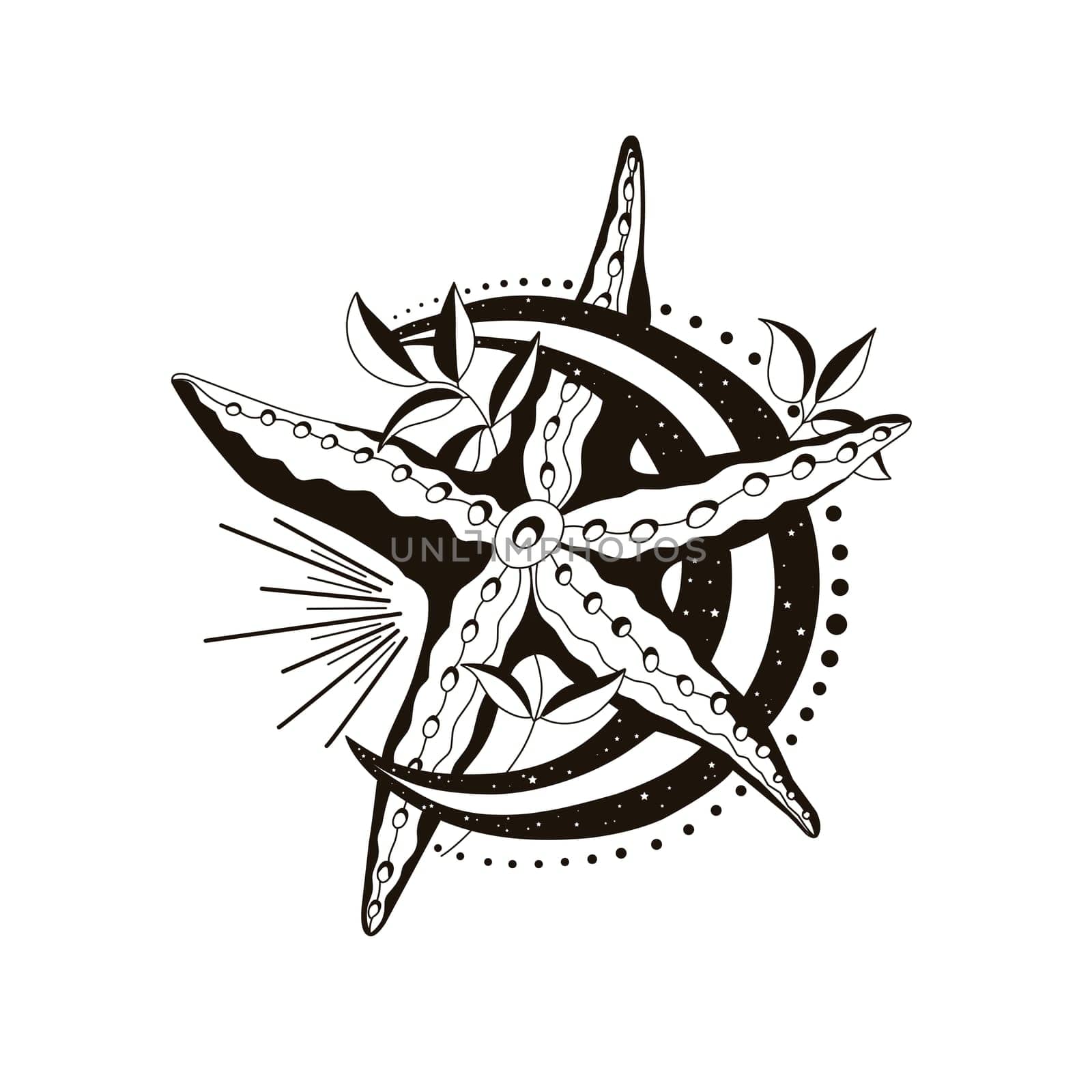 starfish tattoo. Sea star and moon. mystical illustration.