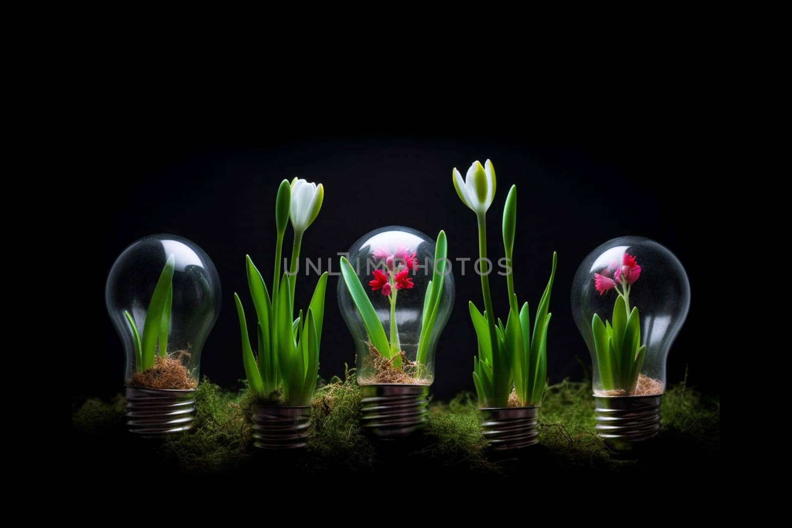 Light bulbs with blooming flowers on a black background. Green energy, concept. Save the planet. Environmental pollution, creative idea