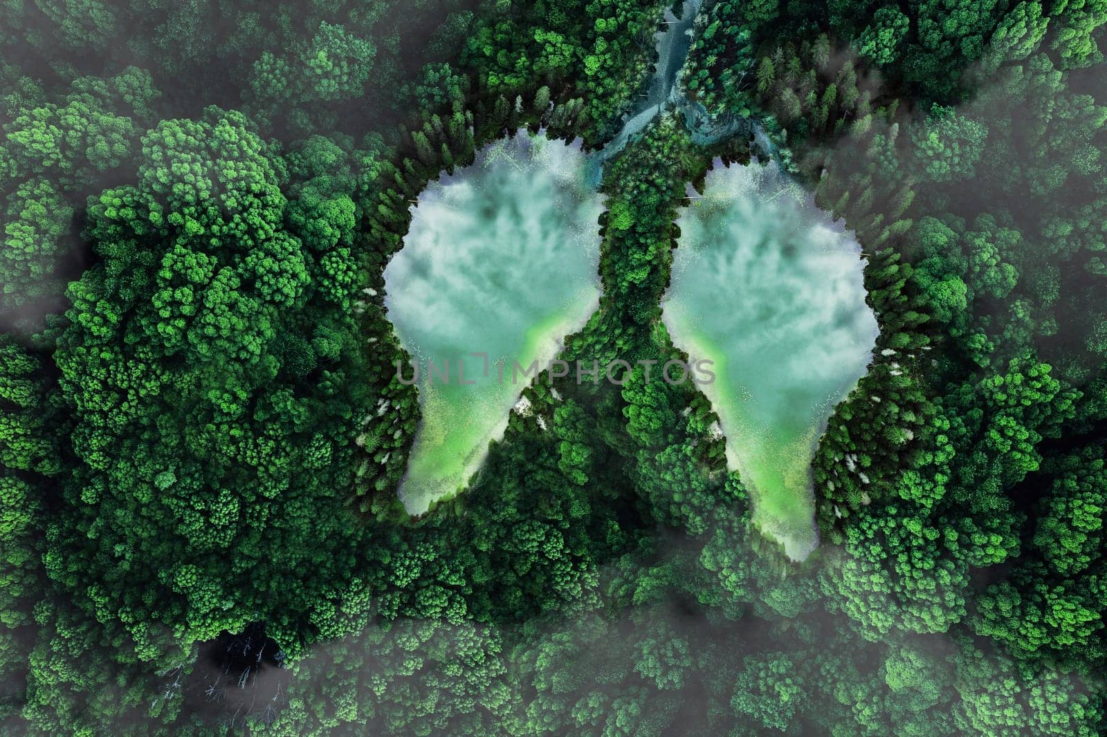 Two lakes in the form of lungs in a green forest, top view. nature and oxygen. Global warming, concept. Environment protection, creative idea. Breath of the planet