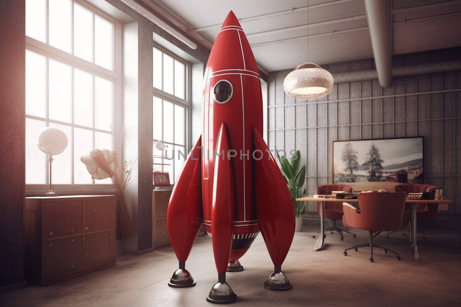 Vintage metallic red rocket in a retro office. Concept idea. Business development and startup growth, concept
