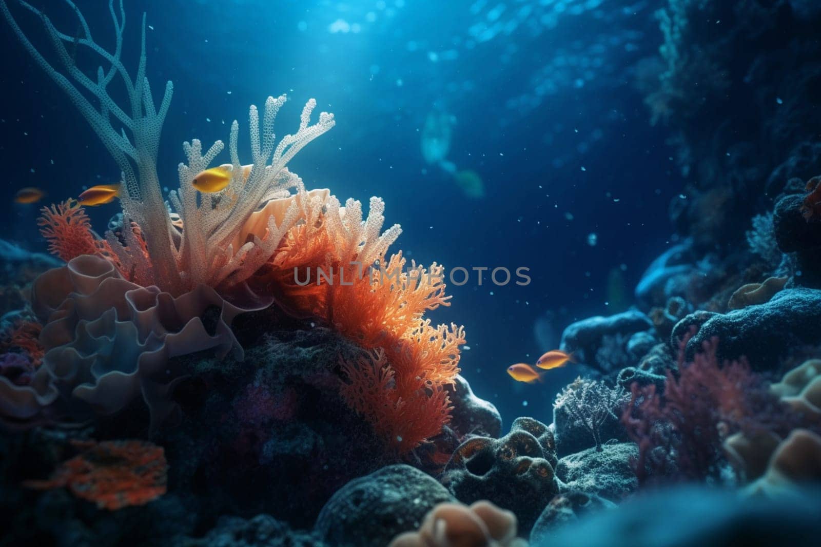 Amazing underwater world with coral reefs, color fish and vegetation deep in the sea. Wildlife and ecology. Global warming. Save the plankton.