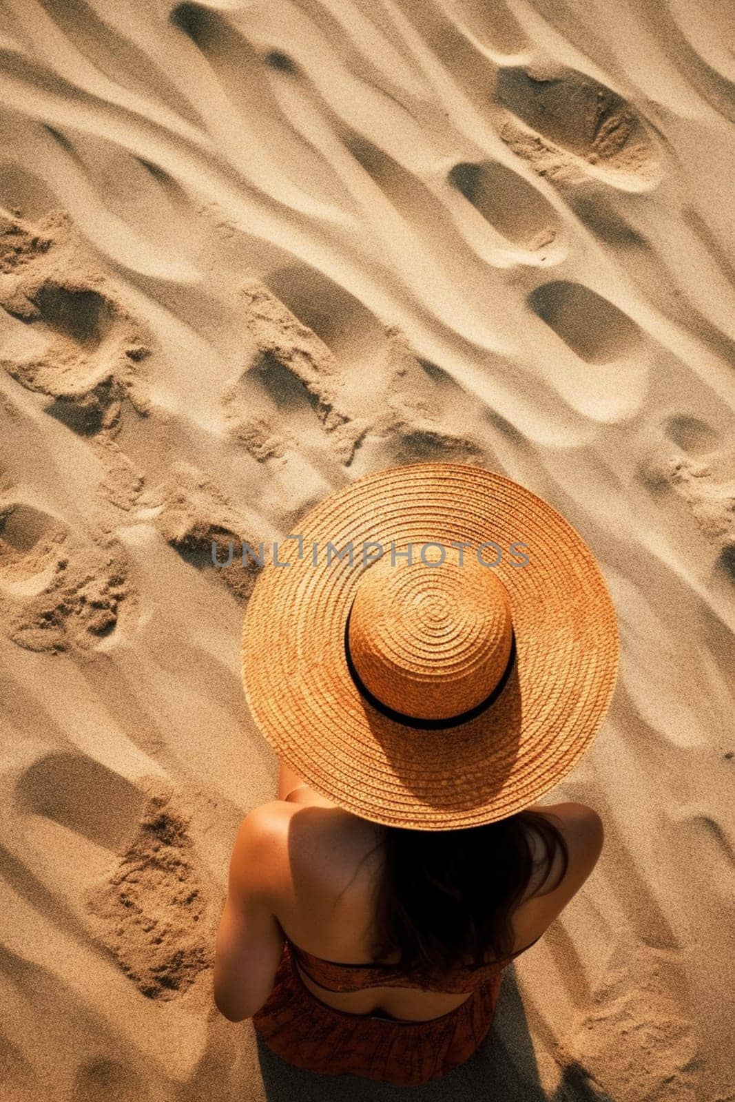 Fashionable young woman in a fashion straw hat in a vintage swimsuit sits and relaxes on the sand on the beach near the sea on a sunny day, top view