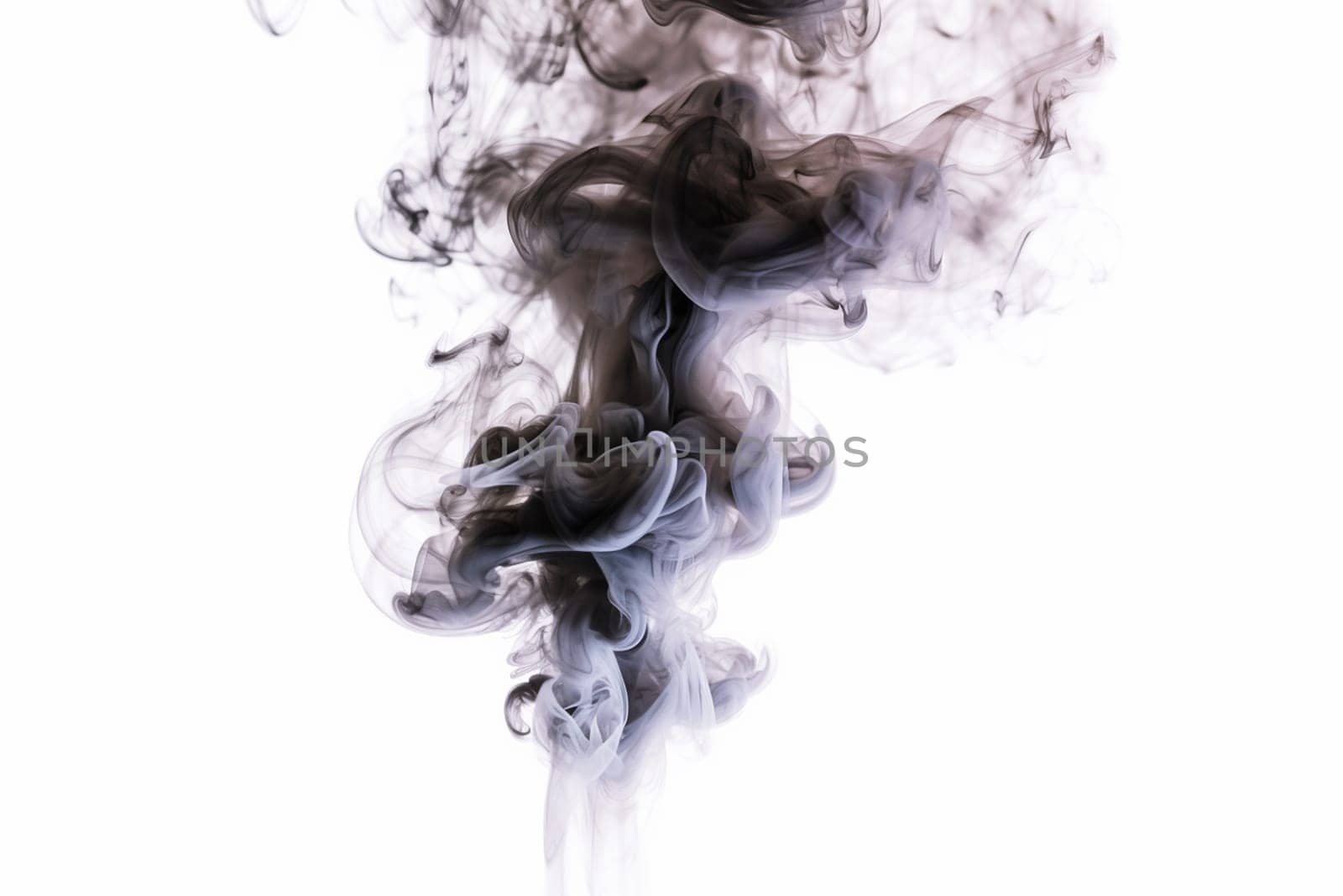 Black smoke of a cigarette on a white background, close-up