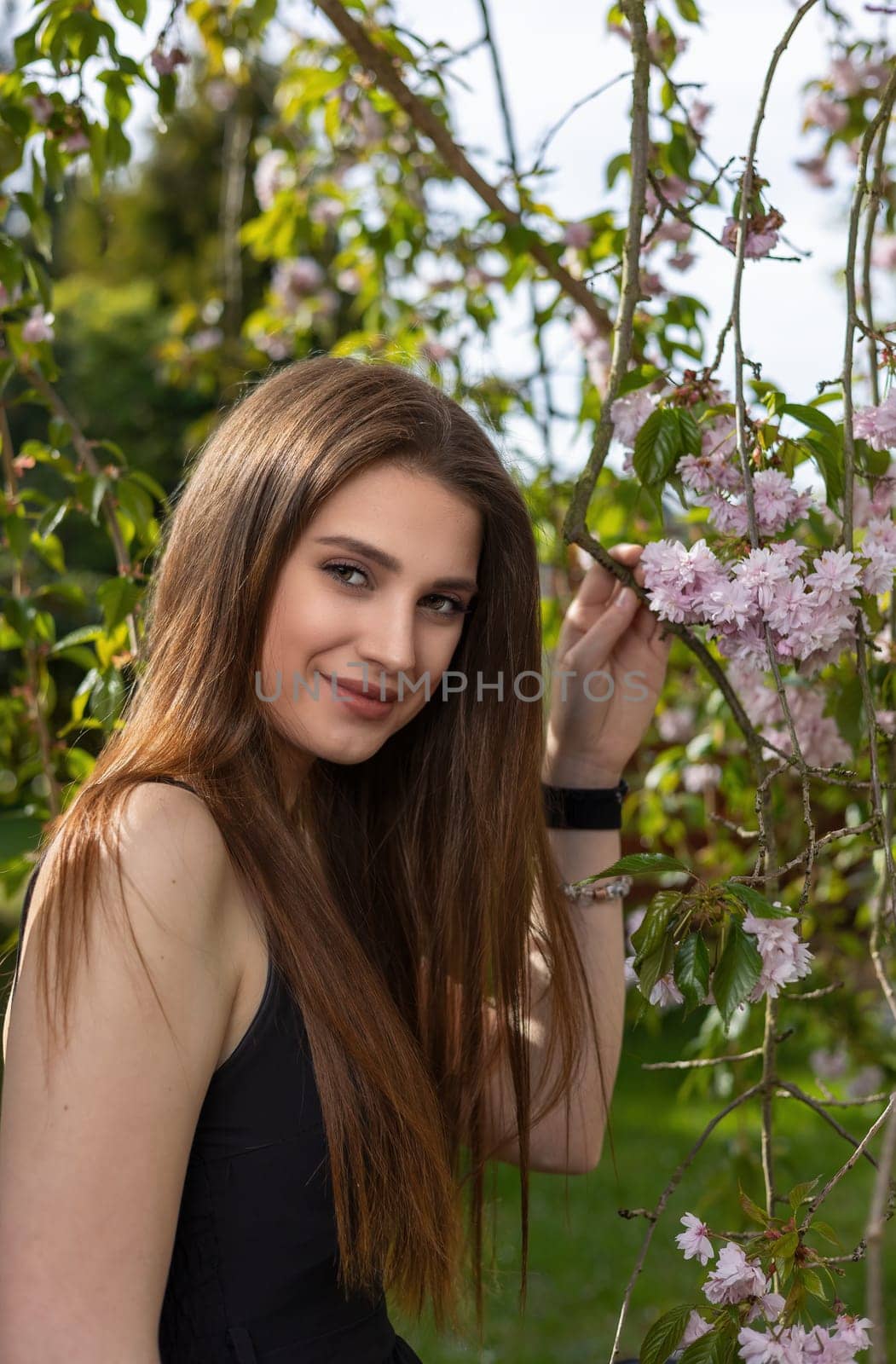 Attractive brunette girl dressed in a black dress is holding a sprig of cherry blossom. Vertically.
