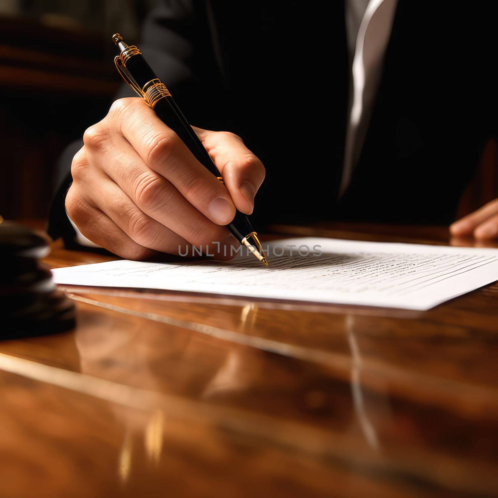 Human hand signing contract with a noble pen on a wooden table AI Generated Image
