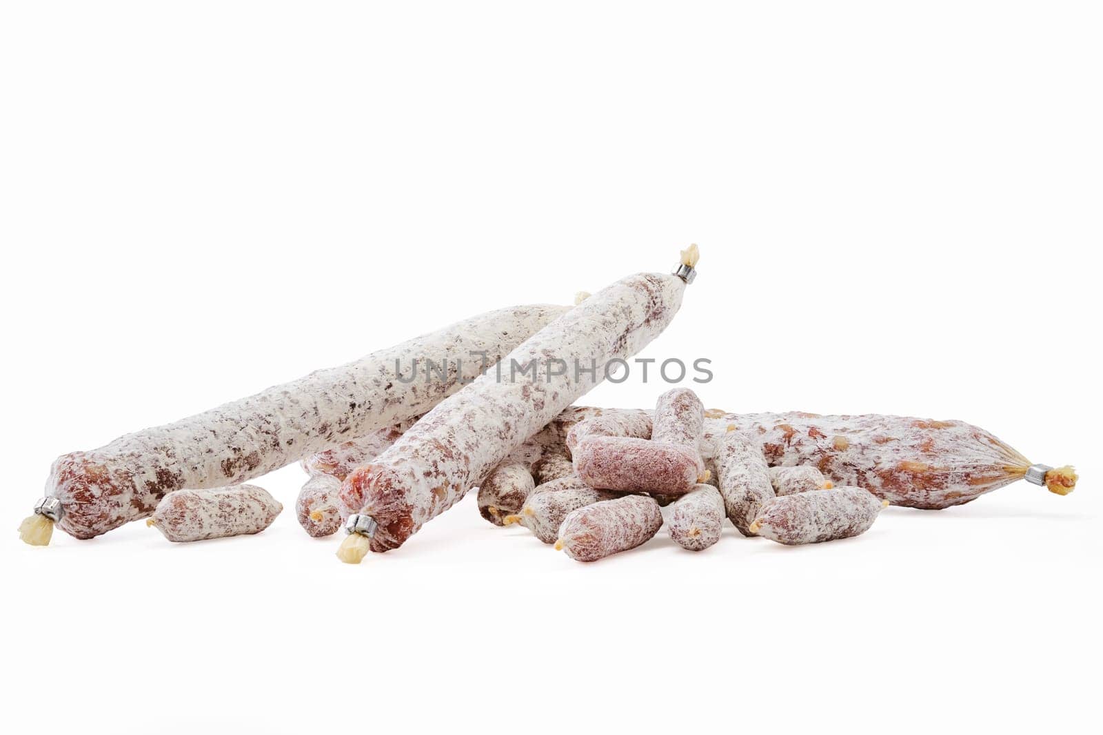 Assortment of fermented sausage covered with white mold