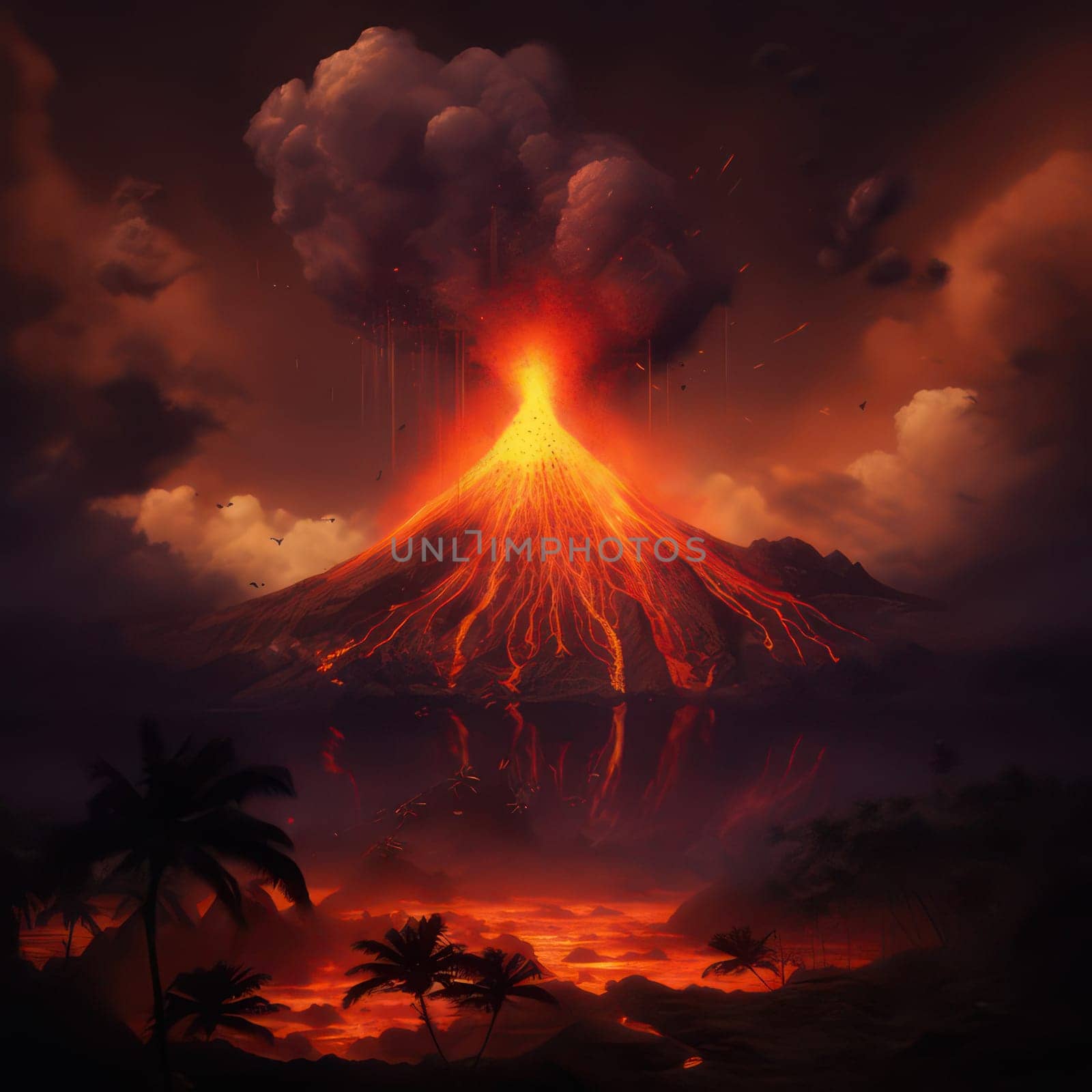 Volcano eruption with lava fountain at night