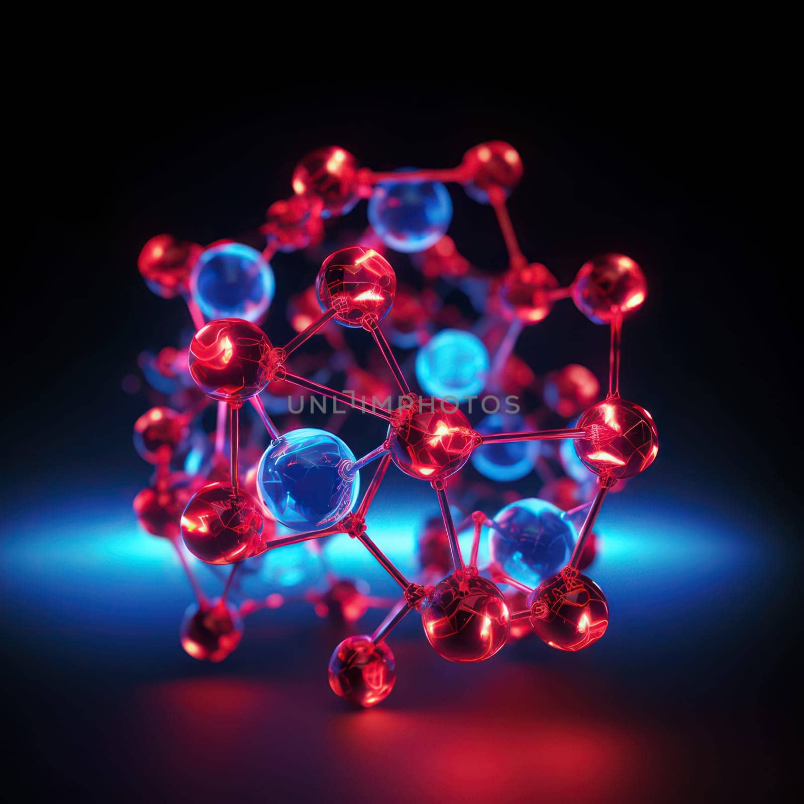 Molecular model with blue and red molecules connections