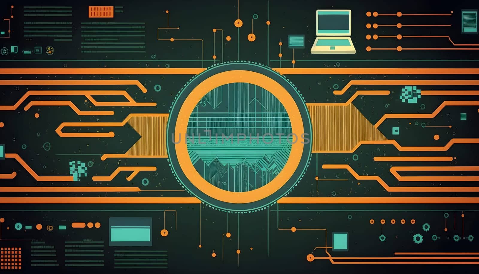 Big data abstract visualization concept in dark retro color palette. AI Generative content
